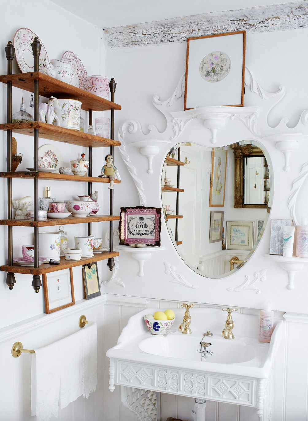 bathroom shelf ideas, white victorian style bathroom with rustic wall mounted shelving for teacups