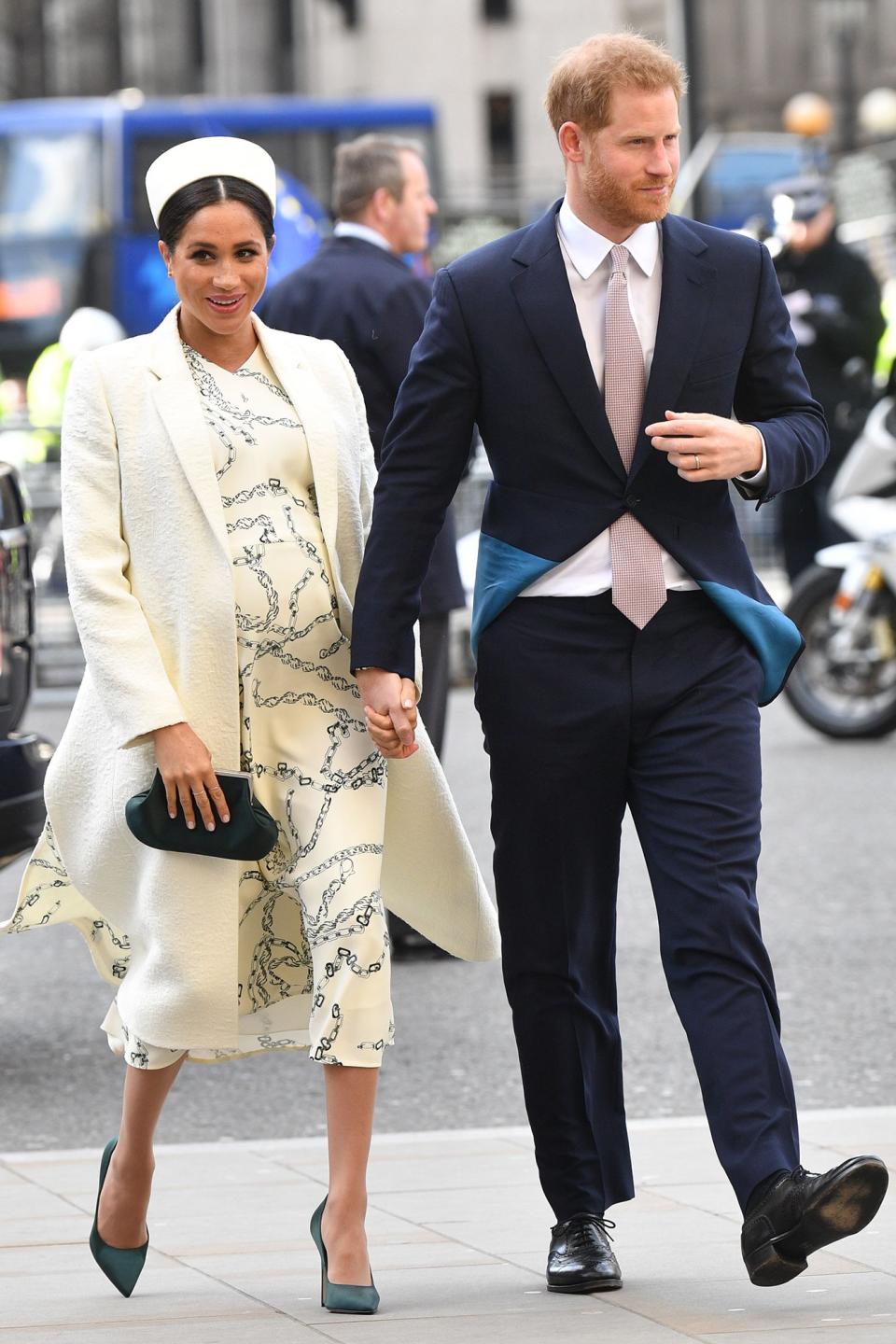 In one of her last appearances before taking maternity leave, Meghan and Harry <a rel="nofollow noopener" href="https://people.com/royals/meghan-markle-kate-middleton-prince-harry-prince-william-westminster-abbey-commonwealth-day/" target="_blank" data-ylk="slk:headed to Commonwealth Day services;elm:context_link;itc:0;sec:content-canvas" class="link ">headed to Commonwealth Day services</a> at Westminster Abbey along with other members of the royal family.