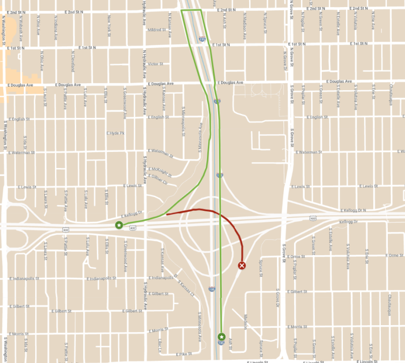 The red line and X mark the ramp that will close. The proposed detour has northbound I-135 drivers taking the 1st/2nd St. exit ramp, then re-entering I-135 southbound via 2nd St. to get to westbound Kellogg. (Map courtesy KDOT)