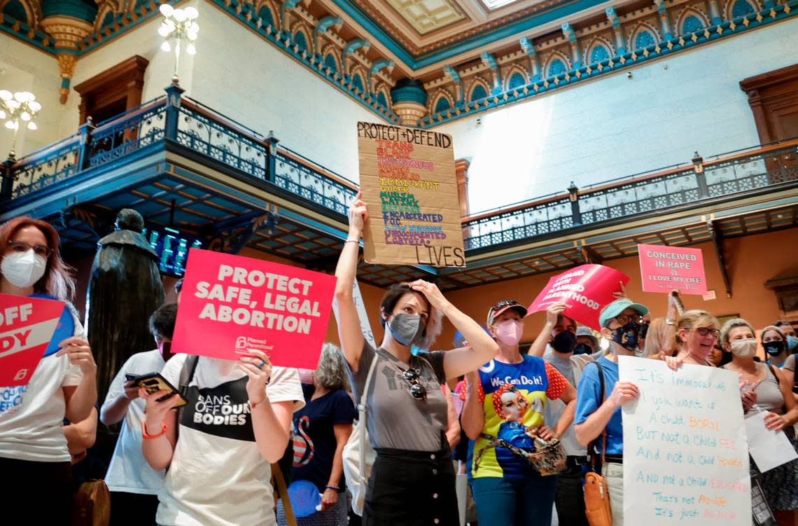 People rally inside the South Carolina Statehouse as members of the South Carolina House of Representatives prepare to vote on legislation related to an abortion ban in the state on Tuesday, Aug. 30, 2022.