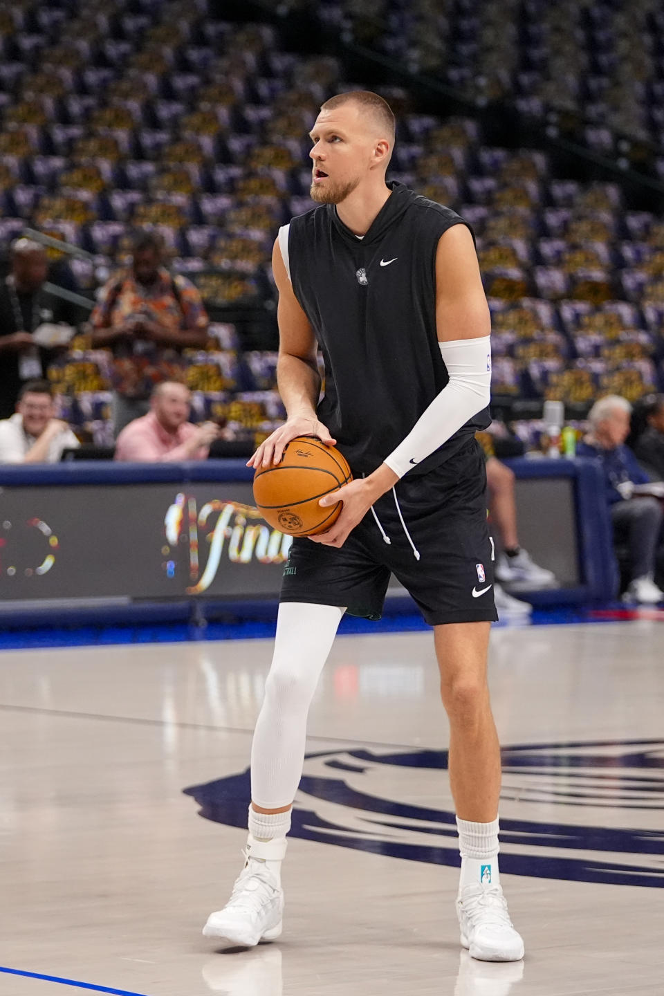 Boston Celtics center Kristaps Porzingis works out prior to Game 4 of the NBA basketball finals against the Dallas Mavericks, Friday, June 14, 2024, in Dallas. (STF Photo/Julio Cortez)