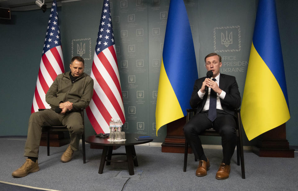 White House national security adviser Jake Sullivan, right, and Andriy Yermak, Head of the Office of the President of Ukraine, hold a presser in Kyiv, Ukraine, Friday, Nov. 4, 2022. (AP Photo/Efrem Lukatsky)