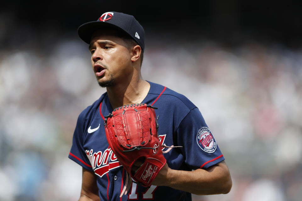Minnesota Twins starting pitcher Chris Archer (17) reacts after getting an out against the New York Yankees during the third inning of a baseball game Monday, Sept. 5, 2022, in New York. (AP Photo/Noah K. Murray)