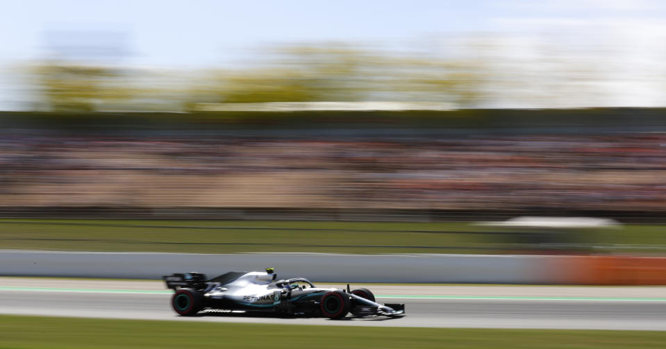 Mercedes driver Valtteri Bottas of Finland steers his car during the qualifying session at the Barcelona Catalunya racetrack in Montmelo, just outside Barcelona, Spain, Saturday, May 11, 2019. The Formula One race will take place on Sunday. (AP Photo/Manu Fernandez)