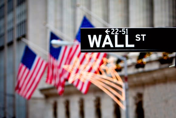 Close-up of the Wall St. street sign, with American flags in the background