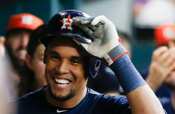 HOUSTON, TX - JUNE 05: Carlos Gomez #30 of the Houston Astros smiles in the dugout after hitting a home run in the fifth inning against the Oakland Athletics at Minute Maid Park on June 5, 2016 in Houston, Texas. (Photo by Bob Levey/Getty Images)