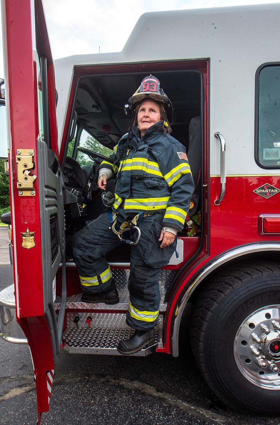 Lynn Kirkner, 57, a firefighter with the Hartsville Fire Company, in Warminster, on Wednesday, July 27, 2022, is celebrating 40 years as a volunteer firefighter,