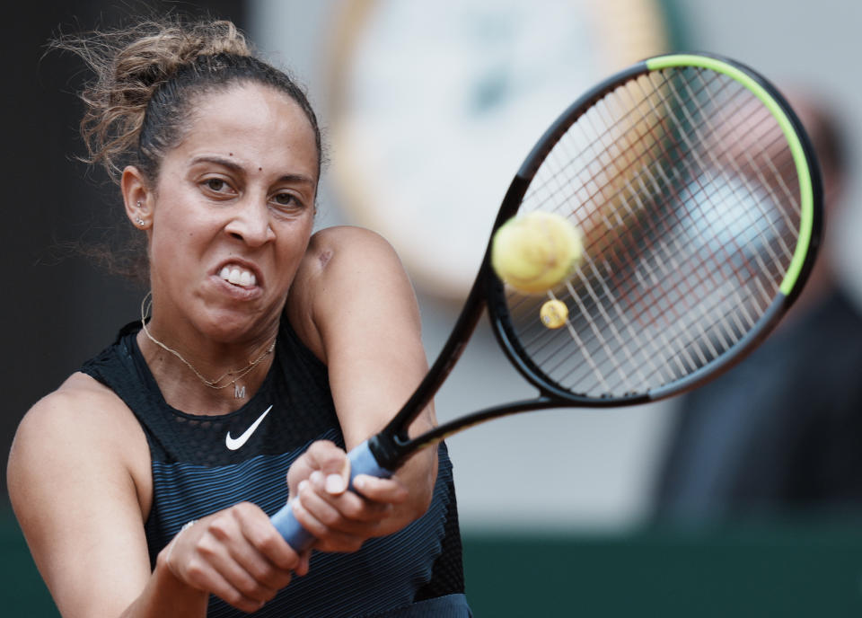 United Staes's Madison Keys plays a return to Belarus's Victoria Azarenka during their third round match on day 6, of the French Open tennis tournament at Roland Garros in Paris, France, Friday, June 4, 2021. (AP Photo/Thibault Camus)