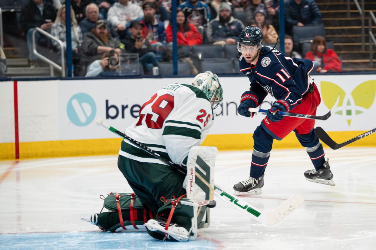Jan 6, 2024; Columbus, Ohio, USA;
Columbus Blue Jackets center Adam Fantilli (11) attempts to score on Minnesota Wild goaltender Marc-Andre Fleury (29) during the third period of their game on Saturday, Jan. 6, 2024 at Nationwide Arena.