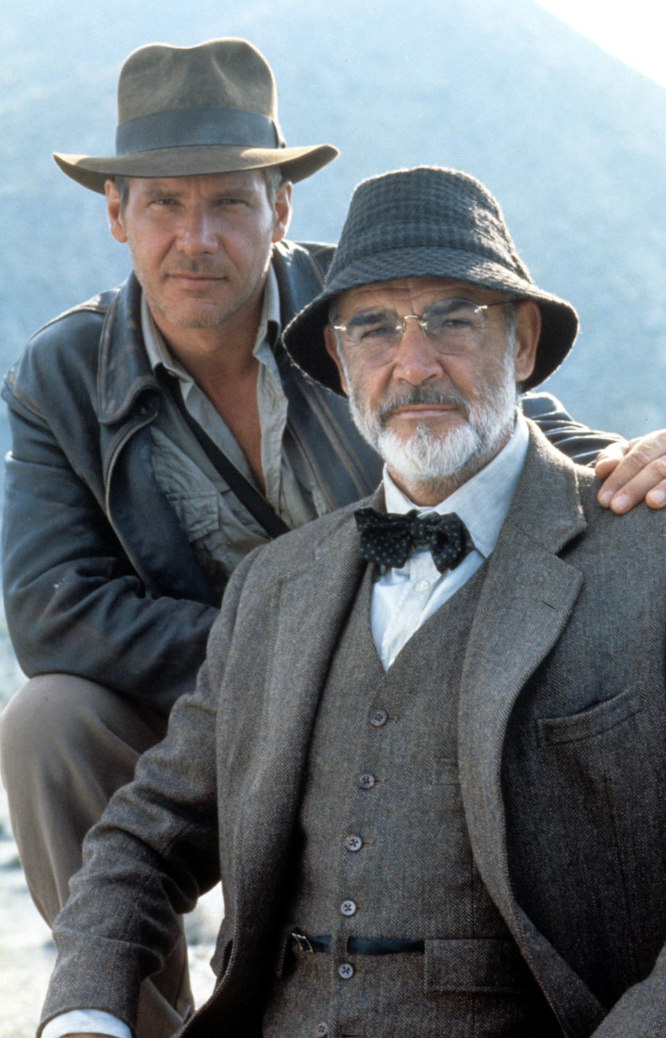 Harrison Ford and Sean Connery on set of the film 'Indiana Jones And The Last Crusade', 1989. (Photo by Paramount/Getty Images)