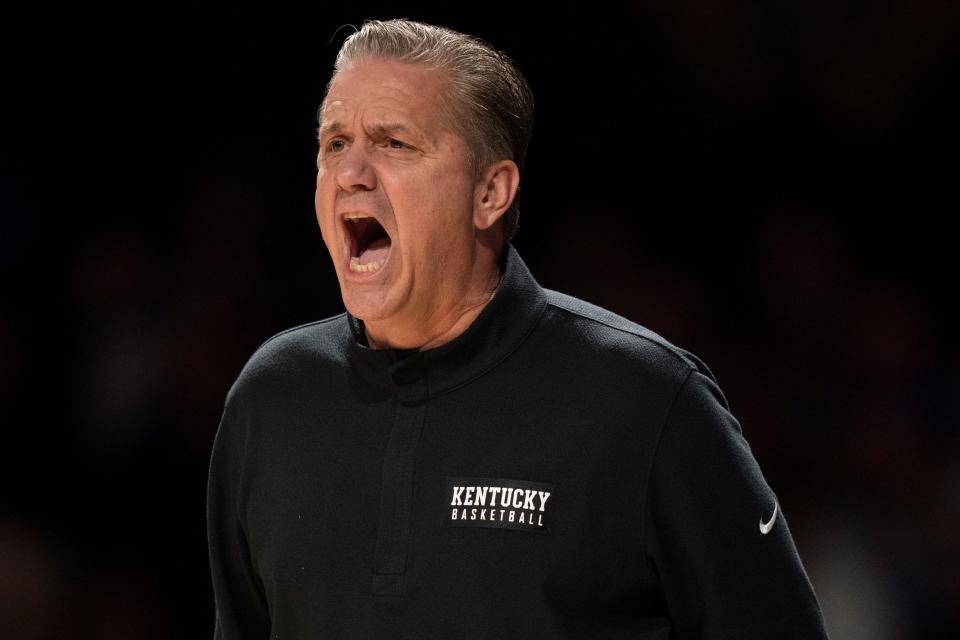 Kentucky head coach John Calipari yells at his players during the first half of the game against Vanderbilt at Memorial Gymnasium Tuesday, Jan. 24, 2023, in Nashville, Tenn. 