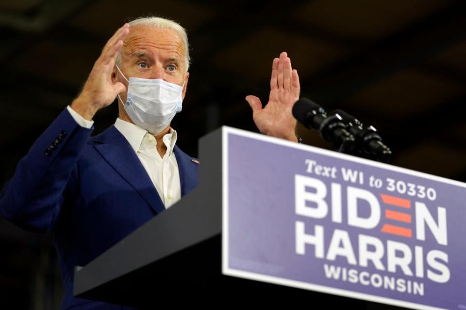 Democratic presidential candidate former Vice President Joe Biden speaks at Wisconsin Aluminum Foundry in Manitowoc, Wis., Monday, Sept. 21, 2020.