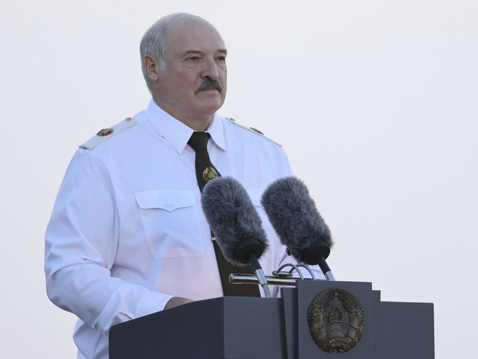 Belarusian President Alexander Lukashenko attends a ceremony to mark the 80th anniversary of Germany's attack on the Soviet Union in World War II in the Brest Fortress memorial, 360 km (225 miles) southwest of Minsk, Belarus, Tuesday, June 22, 2021. (Maxim Guchek/BelTA Pool Photo via AP)