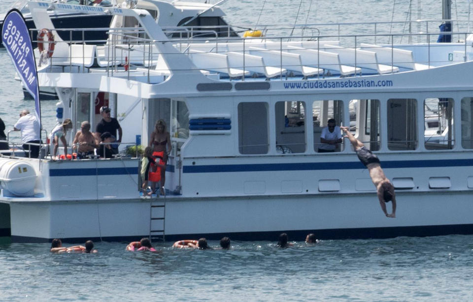 <p>Chris took a plunge into the water from the top deck of the boat. Source: Getty </p>