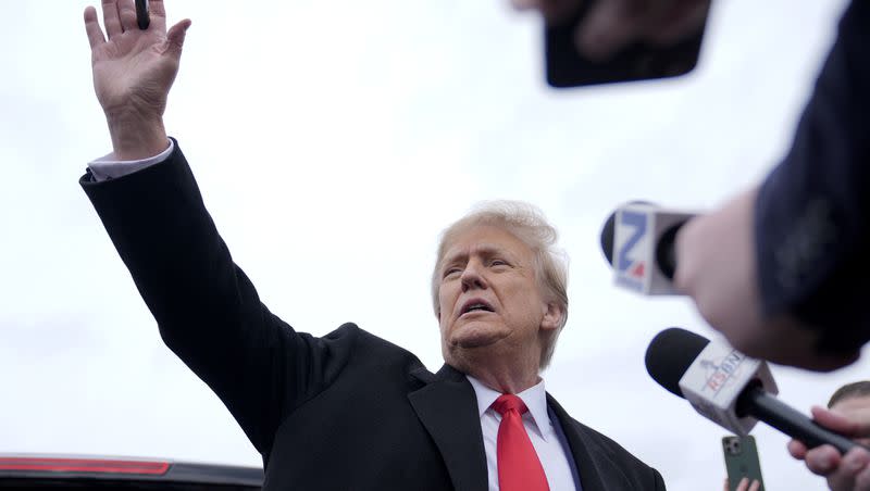 Republican presidential candidate and former President Donald Trump addresses members of the press during a campaign stop in Londonderry, N.H., Tuesday, Jan. 23, 2024. The Associated Press declared Donald Trump the winner of the New Hampshire Republican primary shortly after the polls closed Tuesday night. 