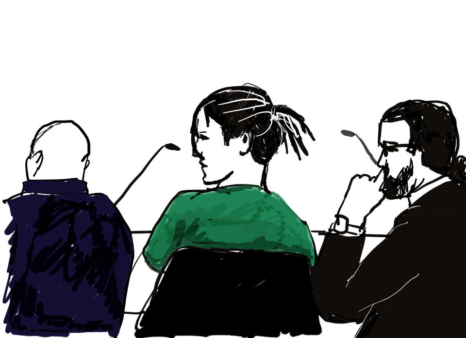 This court sketch created on July 30, 2019 shows US rapper ASAP Rocky (C, in green shirt) and his lawyer Slobodan Jovicic (R) during ASAP Rocky's trial at the district court in Stockholm. - The 30-year-old artist, whose real name is Rakim Mayers, was arrested on July 3, 2019 along with three other people, following a street brawl in Stockholm on June 30. The musician's detention has stirred diplomatic tensions and fan outrage. (Photo by Anna HARVARD / TT NEWS AGENCY / AFP) / Sweden OUT        (Photo credit should read ANNA HARVARD/AFP/Getty Images)