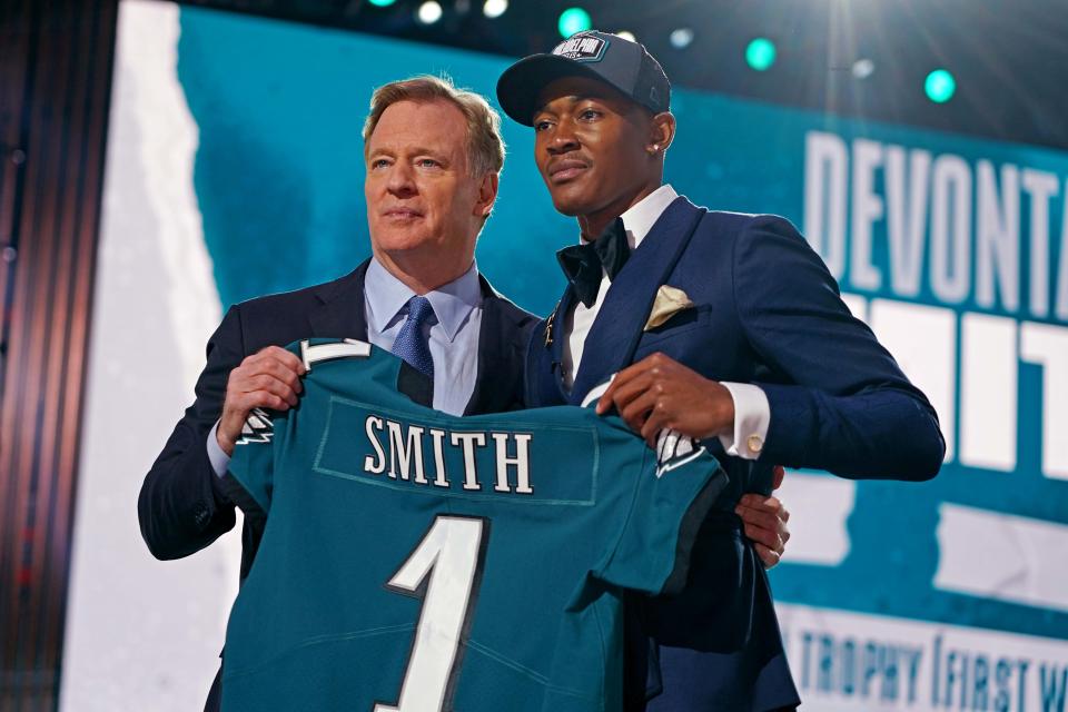 DeVonta Smith went to the Philadelphia Eagles as the No. 10 overall pick in the first round.