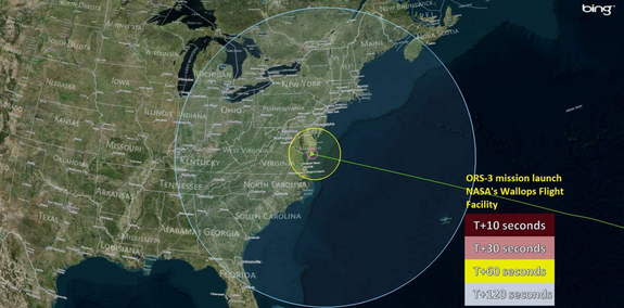 The launch of a Minotaur I rocket for the U.S. Air Force ORS-3 mission is scheduled to occur on November 19, 2013, with a planned launch window of 7:30 - 9:15 pm EST. This map shows where the launch should be visible.