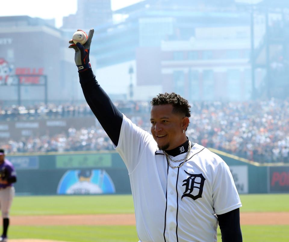 Tigers DH Miguel Cabrera celebrates his 3,000th hit, against Rockies pitcher Antonio Senzatela, during the first inning of Game 1 of the doubleheader on Saturday, April 23, 2022 at Comerica Park.