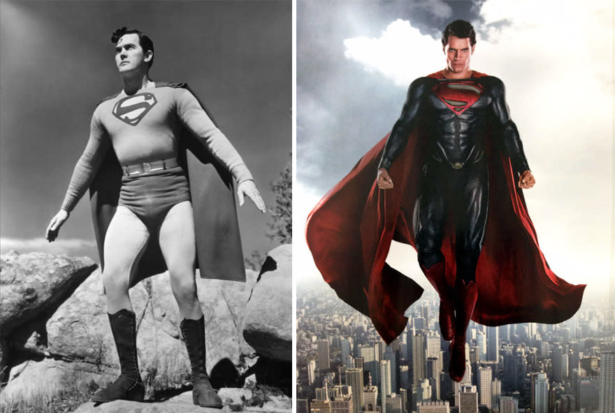 1. Supermán, en 1948 y en 2016. Este personaje fue creado por el escritor estadounidense Jerry Siegel y el artista canadiense Joe Shuster en 1933. Su nombre kryptoniano es Kal-El y su nombre terrestre es Clark Kent. Desde el debut de Superman han transcurrido siete décadas, durante las cuales el personaje ha sido recreado y renovado en múltiples ocasiones. Foto:  Amazon.com