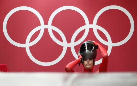 Skeleton - Pyeongchang 2018 Winter Olympics – Women's Finals - Olympic Sliding Center - Pyeongchang, South Korea – February 16, 2018 - Janine Flock of Austria gestures. REUTERS/Edgar Su