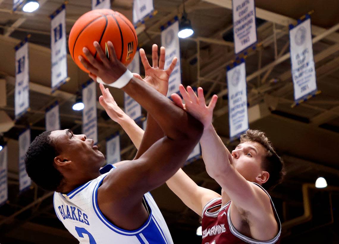 Duke’s Jaylen Blakes drives against Bellarmine’s Nick Thelen during the first half of a men’s basketball game at Cameron Indoor Stadium on Monday, Nov. 21, 2022, in Durham, N.C.