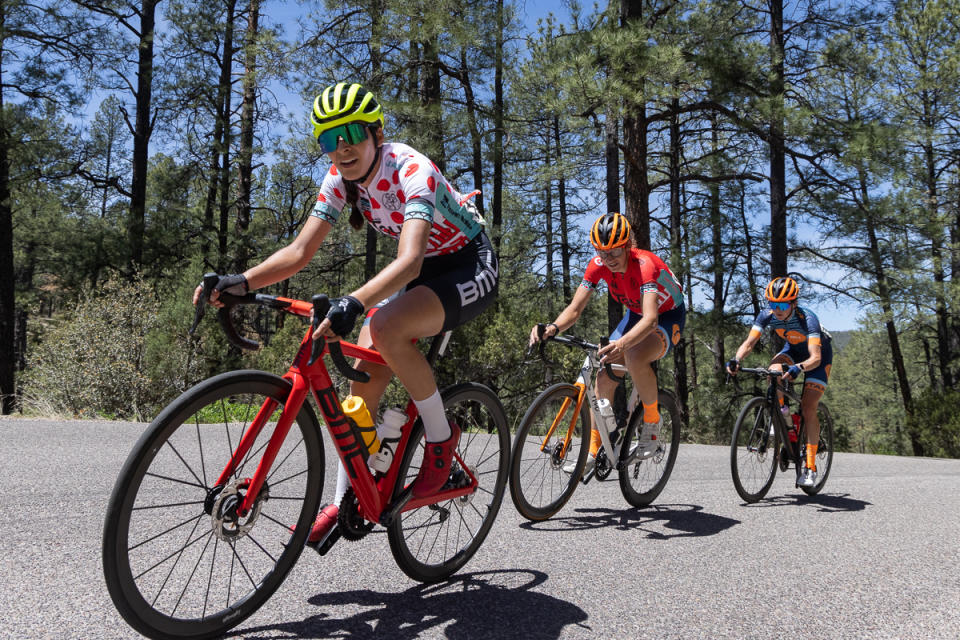 The three podium spots in the women's race were all together with 3km to go