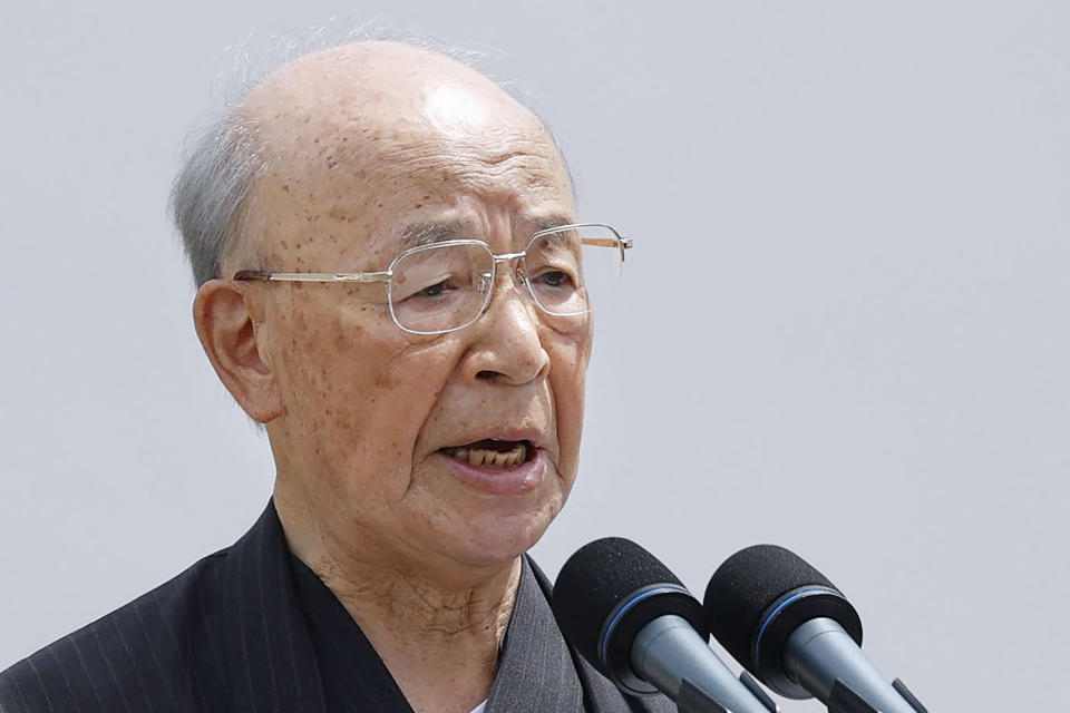 Takashi Miyata delivers a speech as a representative of A-bomb survivors during a ceremony to mark the 77th anniversary of the U.S. atomic bombing at Peace Park in Nagasaki, southern Japan, Tuesday, Aug. 9, 2022. (Kyodo News via AP)
