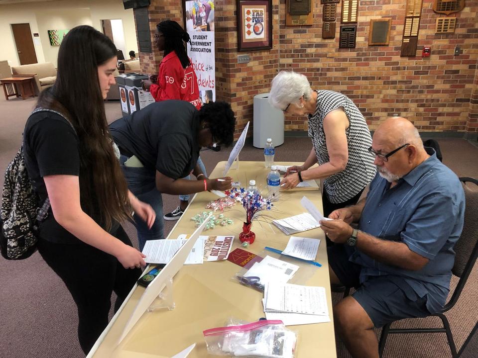 Kay Holland, then president of the League of Women Voters of Wichita Falls, second from right, helped register 75 voters at Midwestern State University on National Voter Registration Day on Sept. 24, 2019 as shown in this file photo. The LWV also registered 17 students at Vernon College, in addition to organizing events at the public libraries throughout Wichita County.