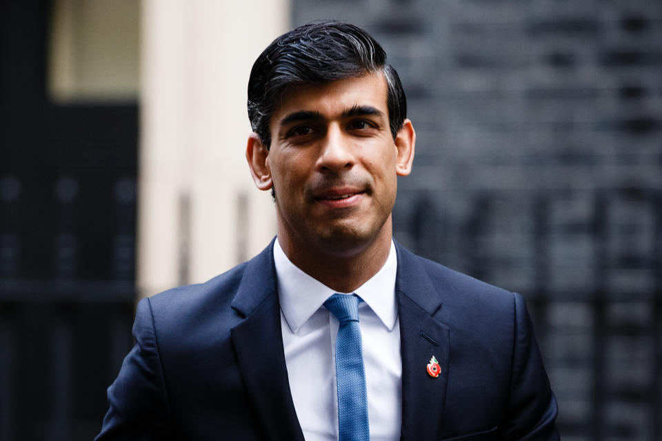 Chancellor of the Exchequer Rishi Sunak, Conservative Party MP for Richmond (Yorks), crosses Downing Street for the weekly cabinet meeting, currently being held at the Foreign, Commonwealth and Development Office (FCDO), in London, England, on November 10, 2020. (Photo by David Cliff/NurPhoto via Getty Images)