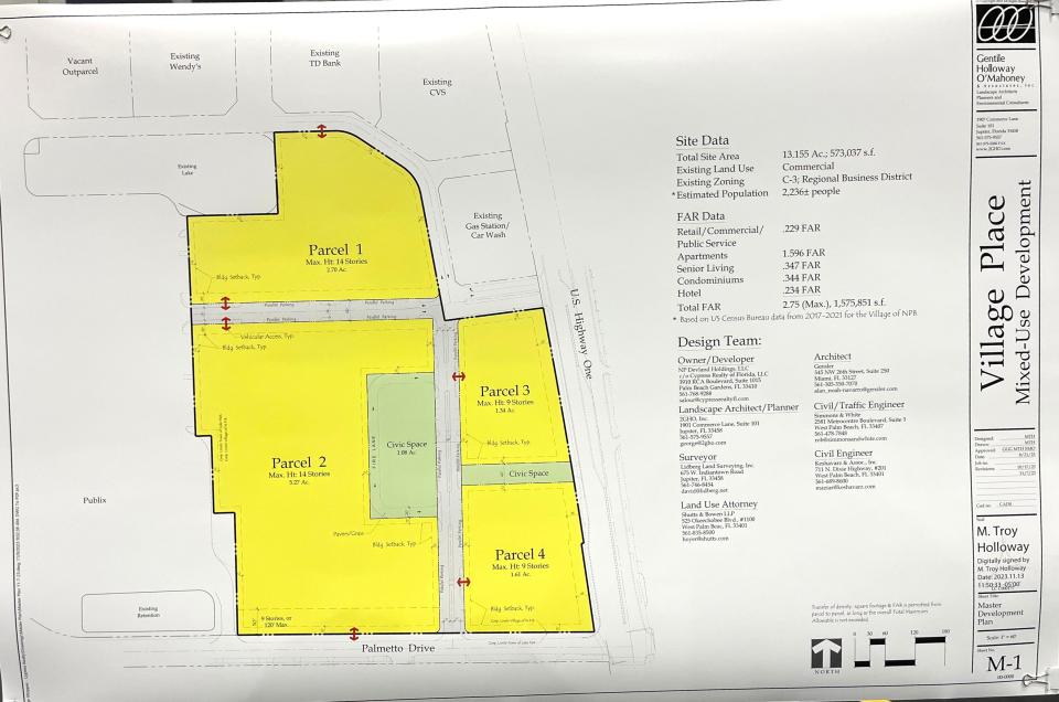 Blueprint shows concept for Village Place, a complex which could include residential buildings with shops and replace the vacant land where Twin City Mall in North Palm Beach once stood until it was torn down.