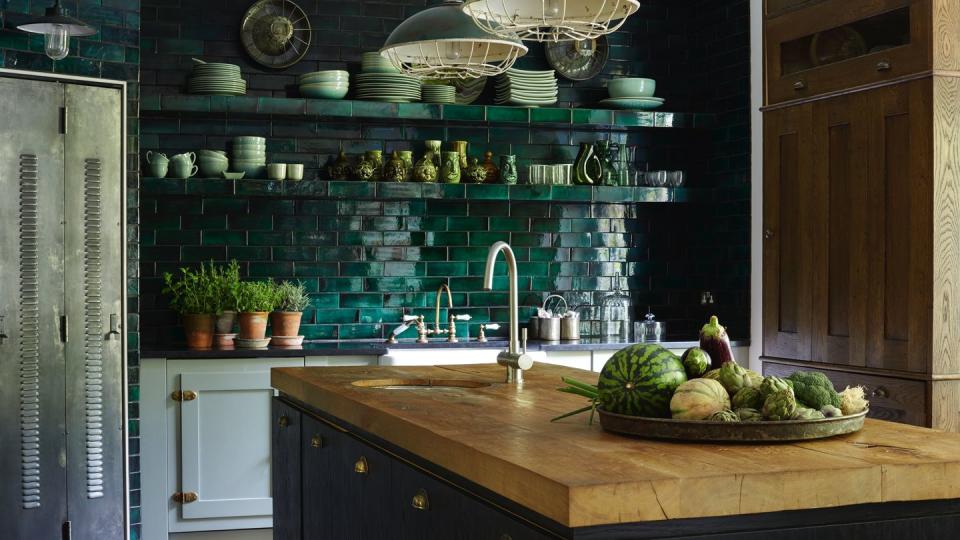 countertop, green, tile, kitchen, room, cabinetry, interior design, ceiling, furniture, property,