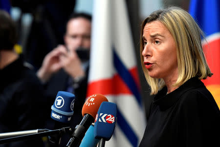 FILE PHOTO: European Union foreign policy chief Federica Mogherini speaks to the media in Brussels, Belgium October 18, 2018. REUTERS/Piroschka van de Wouw/File Photo