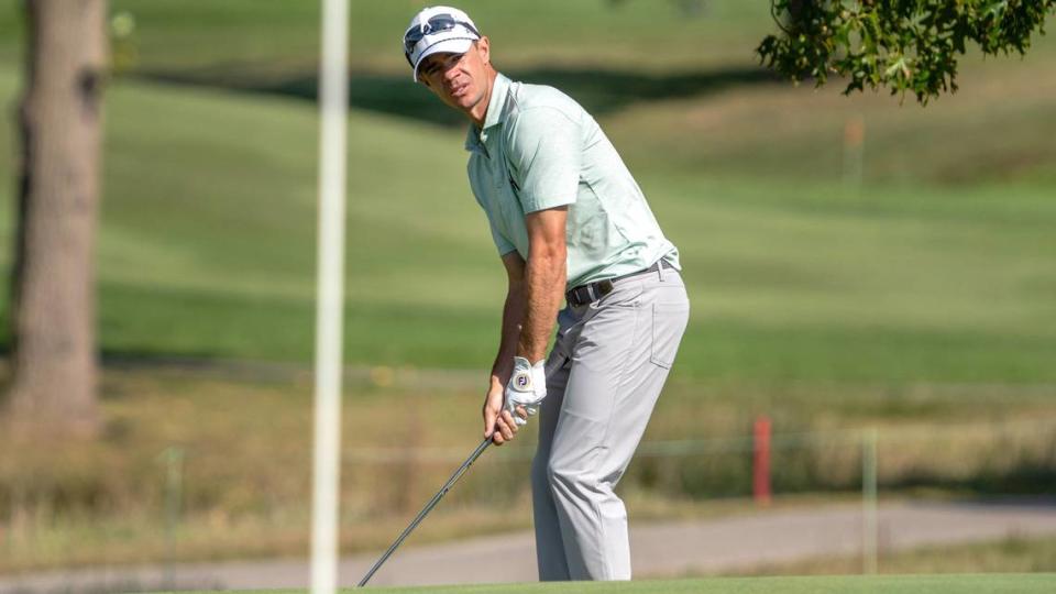 Carter Jenkins hits the ball onto the green on hole 8 during the Nationwide Children’s Hospital Championship in 2023.