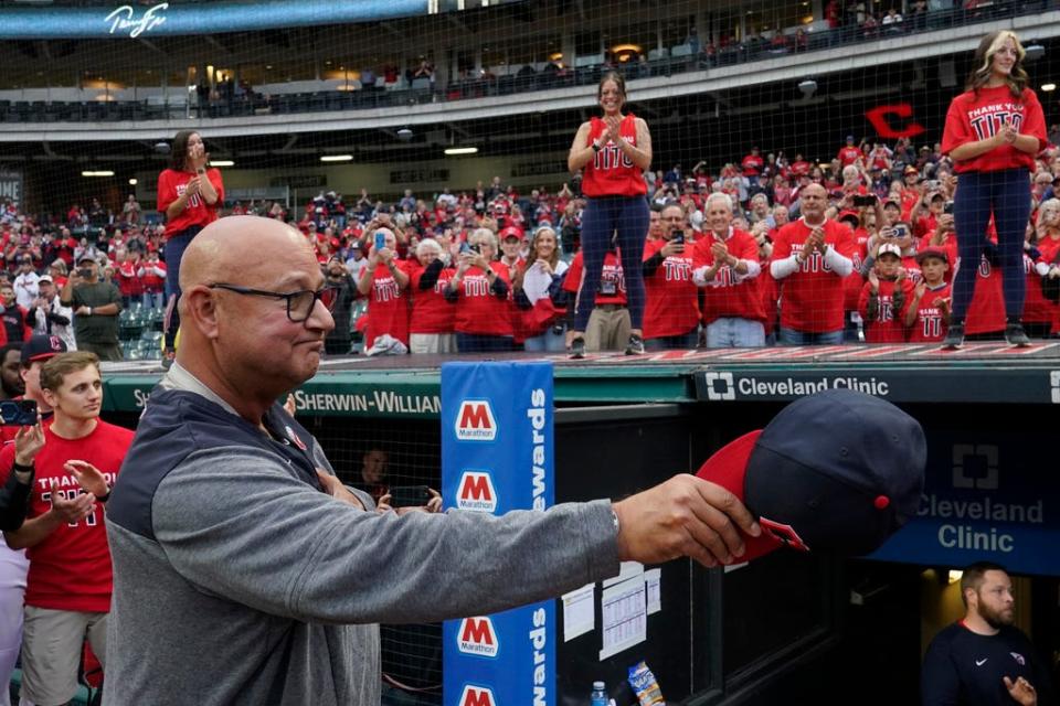 Guardians manager Terry Francona tips his cap for the crowd following a tribute video before the team played the Cincinnati Reds, Wednesday, Sept. 27, 2023, in Cleveland.