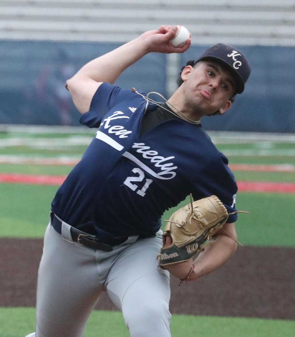 Kennedy Catholic's Omar Giret pitches during a game at Stepinac April 19, 2024. Kennedy won 5-3.