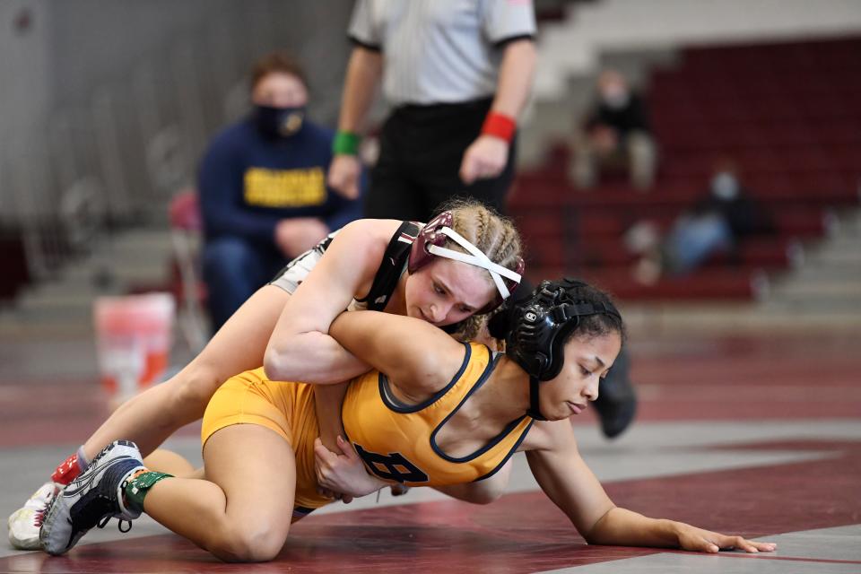 Girls wrestling state championships at Phillipsburg High School on Saturday, April 10, 2021. Izabella Frezzo (Becton) on her way to defeating Alisa Safforld (Belleville) in their 107 pound final match. 