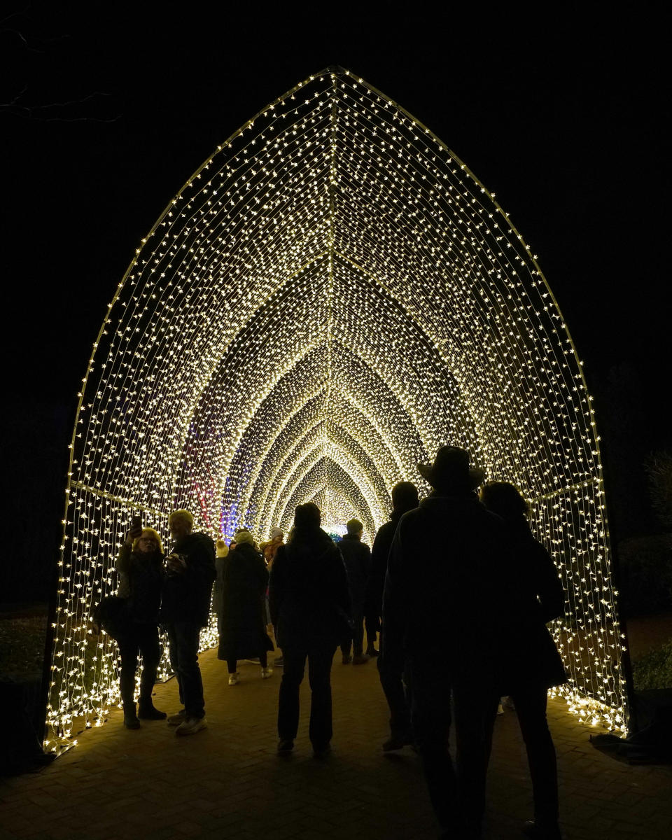 Visitors finish the 1.3-mile Lightscape experience of light and music as they enter the 110-foot, 100,000 lights of "Winter Cathedral," created by Mandylights, at the Chicago Botanic Garden in Glencoe, Ill., on Thursday, Dec. 14, 2023. (AP Photo/Charles Rex Arbogast)