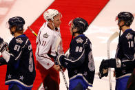 OTTAWA, ON - JANUARY 29: Daniel Alfredsson #11 of the Ottawa Senators and Team Alfredsson shakes hands with Patrick Kane #88 of the Chicago Blackhawks and Team Chara after the 2012 Tim Hortons NHL All-Star Game at Scotiabank Place on January 29, 2012 in Ottawa, Ontario, Canada. Team Chara defeated Team Alfredsson 12-9. (Photo by Gregory Shamus/Getty Images)