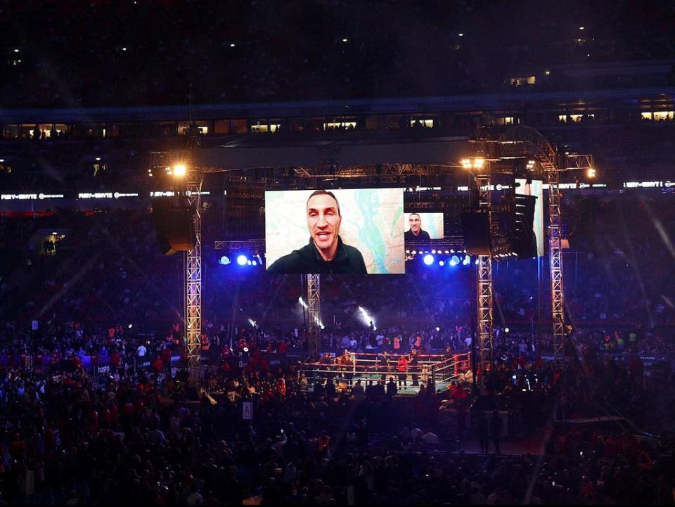 A message from Wladimir Klitschko was shown at Wembley ahead of Fury vs Whyte (AFP via Getty Images)