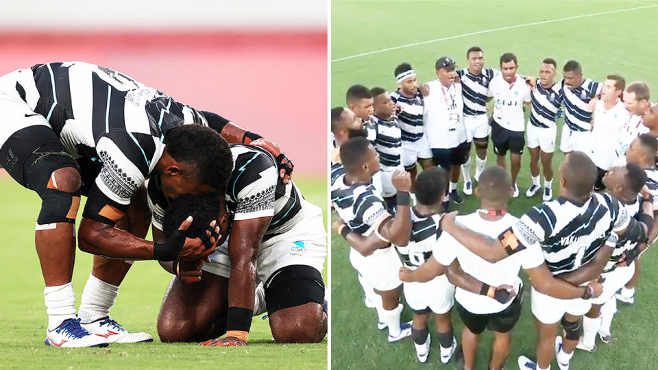 Jerry Tuwai and Napolioni Bolaca (pictured left) embrace after Fiji win gold and (pictured right) the team singing together.