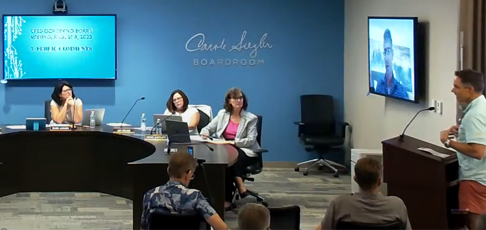 Dan Grossenbach speaks before the Catalina Foothills School District board on Aug. 8, 2023. This is a screenshot from a video of the meeting posted by the district on YouTube.