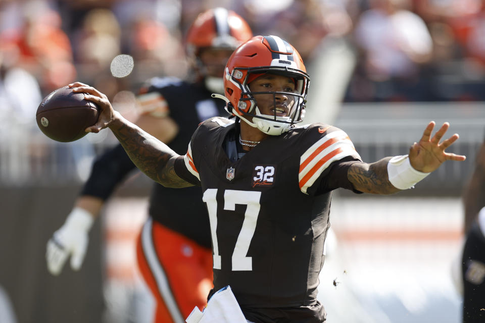 Cleveland Browns quarterback Dorian Thompson-Robinson (17) looks to pass during the first half of an NFL football game against the Baltimore Ravens, Sunday, Oct. 1, 2023, in Cleveland. (AP Photo/Ron Schwane)