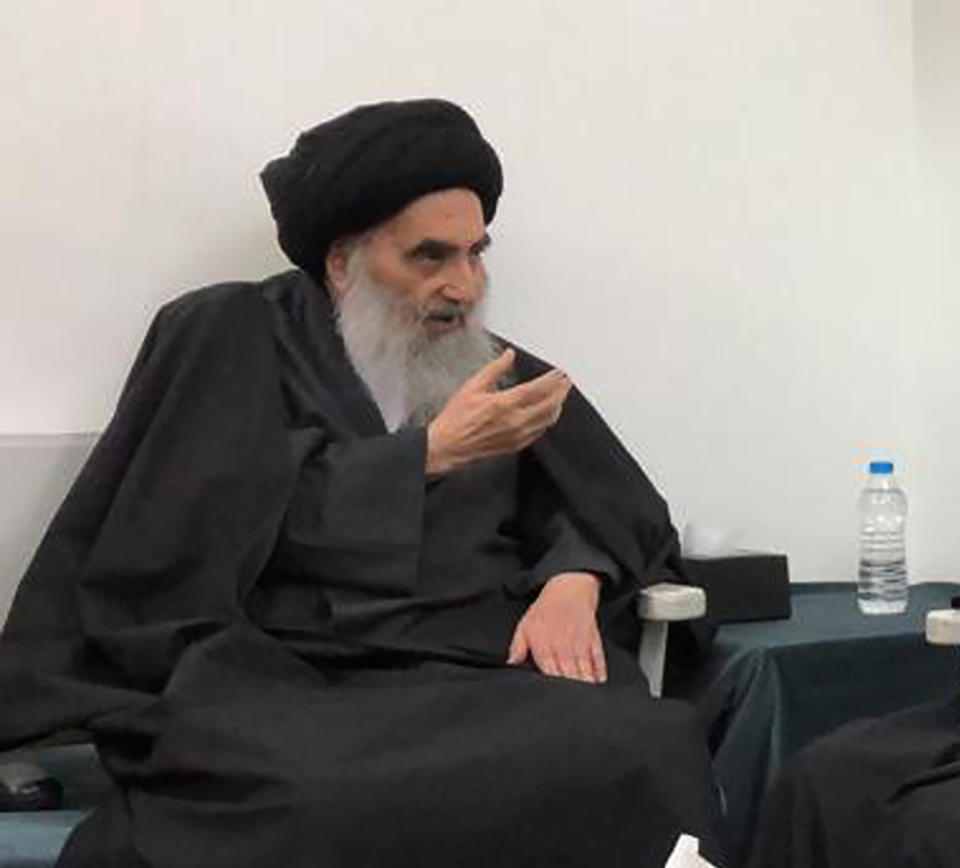 FILE - This handout photo from the office of Grand Ayatollah Ali al-Sistani shows senior Shiite cleric Grand Ayatollah Ali al-Sistani in the southern Iraqi city of Najaf on March, 13, 2019. At least 13 people were stabbed Thursday, Dec. 5, in Baghdad’s Tahrir Square, the epicenter of Iraq’s protest movement, security and medical officials said, stoking fears of infiltration by unknown groups among anti-government demonstrators. The protesters aligned with parties had marched to Tahrir earlier that day, mostly young men clad in black and waiving Iraqi flags. They chanted positive slogans in deference to Grand Ayatollah Ali al-Sistani, Iraq’s most powerful Shiite cleric, and stood conspicuous against the usual crowds of Tahrir protesters. (Office of Grand Ayatollah Ali al-Sistani, via AP)