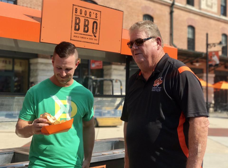 Boog Powell and Boog Powell finally met each other. One is currently with the Athletics, and the other is a retired former Orioles star. (Twitter/@masnOrioles)