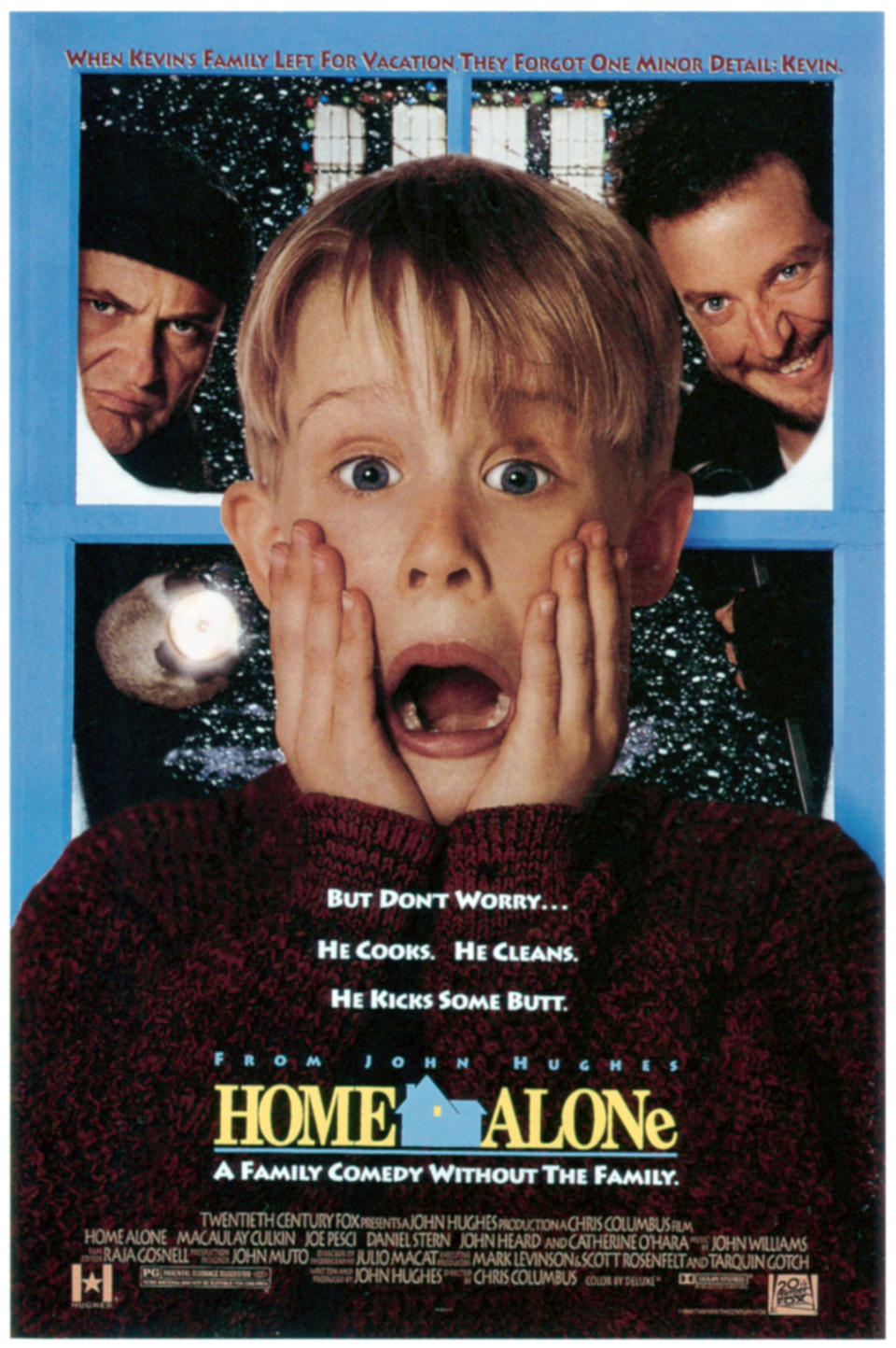 Movie poster of "Home Alone" featuring Kevin with a shocked expression and two burglars behind him