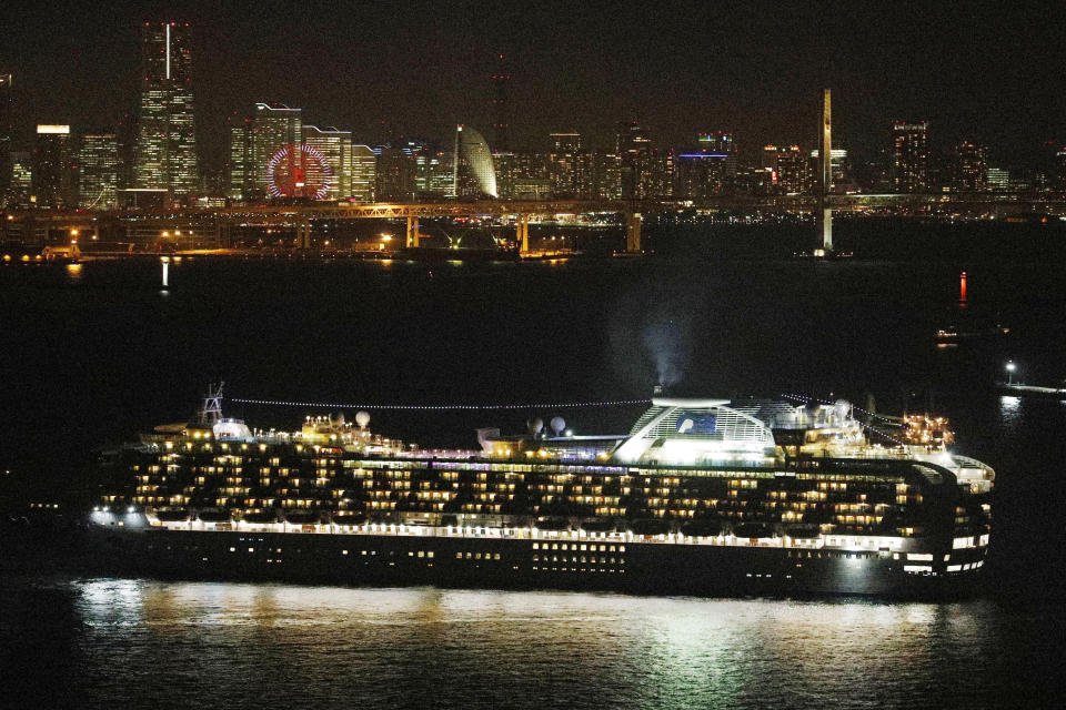 FILE - In this Monday Feb. 3, 2020, file photo, cruise ship Diamond Princess is anchored off Yokohama Port in Yokohama, south of Tokyo, upon its arrival. Japanese health officials conducted massive medical checks Tuesday on all 3,700 people on the cruise ship that returned to the country after carrying one passenger who tested positive for the new coronavirus. Health authorities are scrambling to halt the spread of a new virus that has killed hundreds in China. But with important details about the illness and how it spreads still unknown, officials and medical personnel are struggling. (Kyodo News via AP)/Kyodo News via AP)