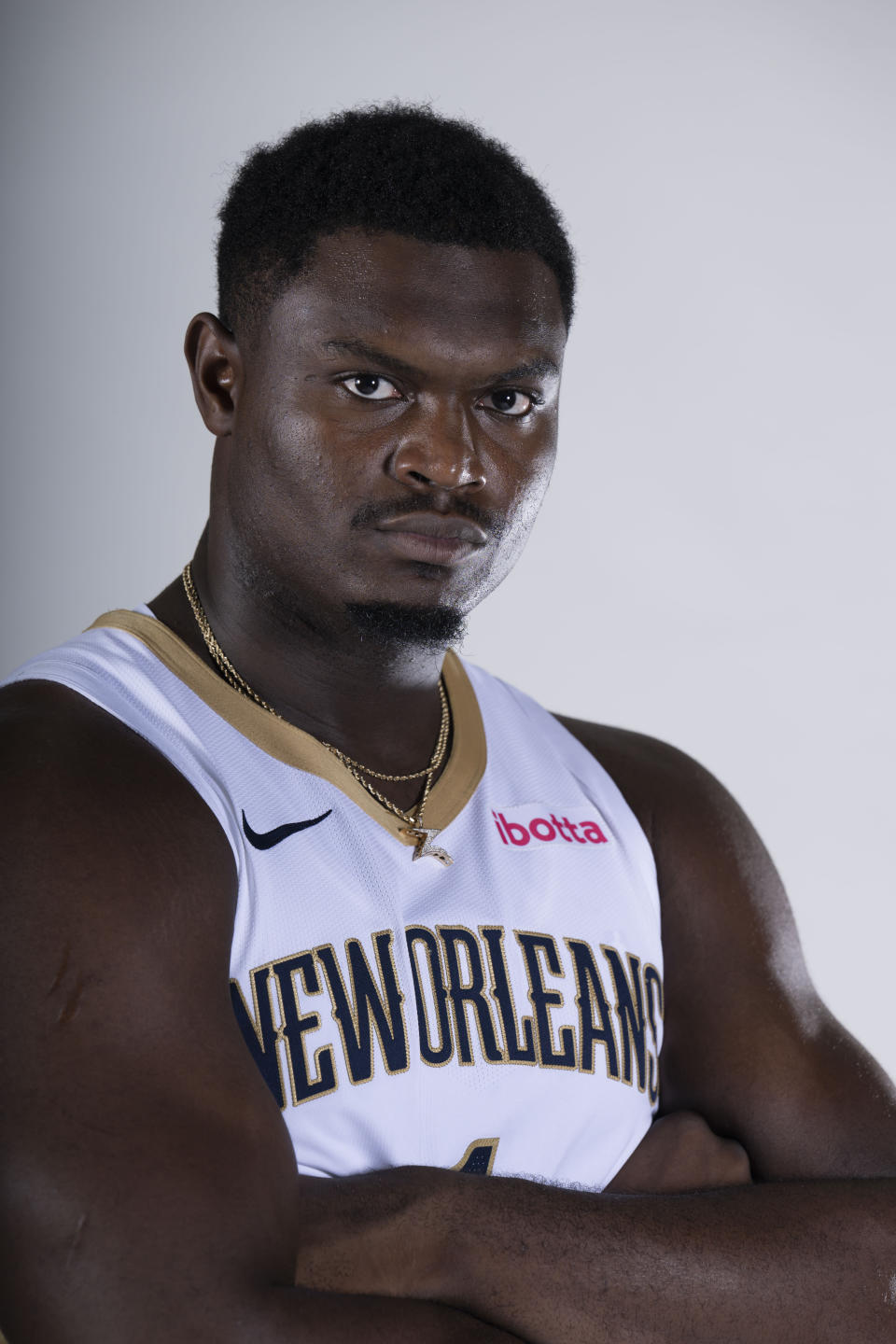 New Orleans Pelicans forward Zion Williamson poses for a portrait during the NBA basketball team's media day in New Orleans, Monday, Oct. 2, 2023. (AP Photo/Gerald Herbert)