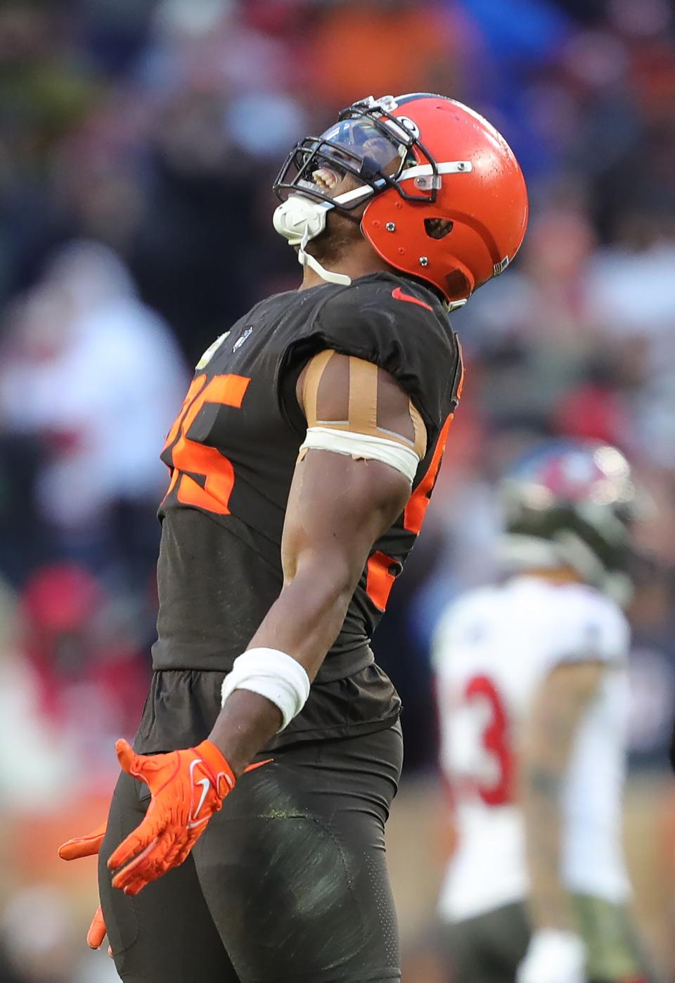 Browns defensive end Myles Garrett celebrates after sacking Buccaneers quarterback Tom Brady in overtime, Sunday, Nov. 27, 2022, in Cleveland.