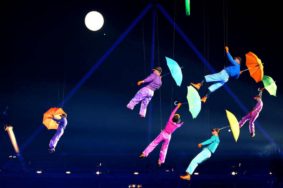 LONDON, ENGLAND - AUGUST 29: Artists perform with umbrellas during the Opening Ceremony of the London 2012 Paralympics at the Olympic Stadium on August 29, 2012 in London, England. (Photo by Dan Kitwood/Getty Images)